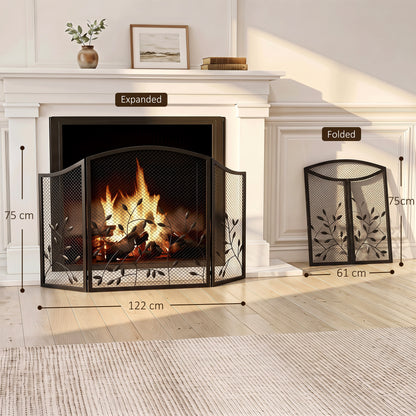 3-Panel Folding Fireplace Screen for Protection, Black