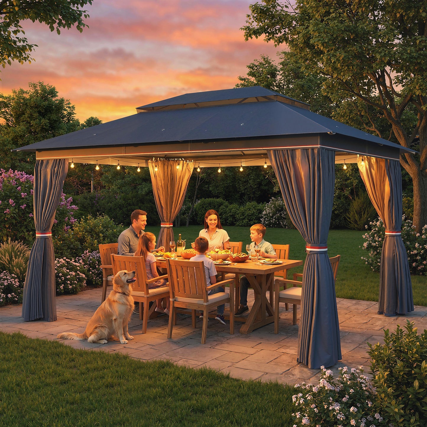 3 x 4 m Outdoor Garden Gazebo with UPF50+ Double Roof, Dark Blue