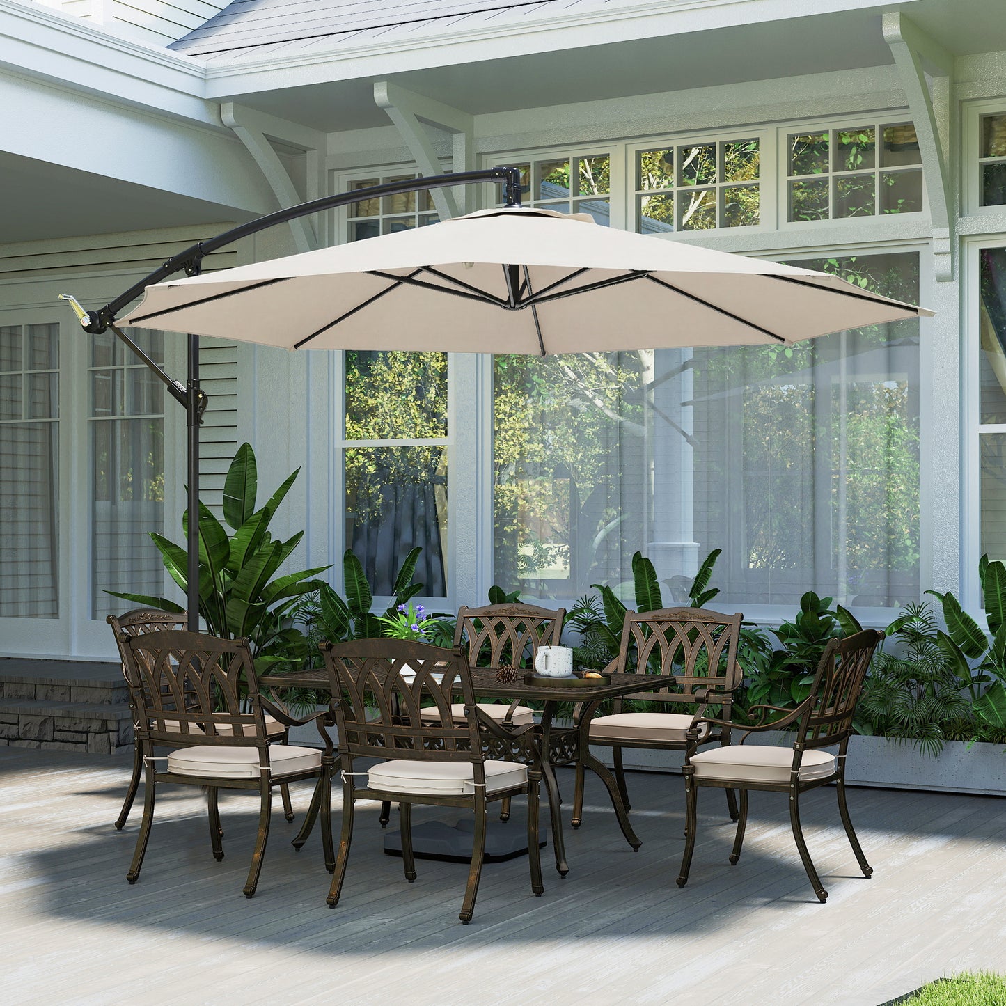 3(m) Garden Banana Parasol Cantilever Umbrella w/ Base, Cream White