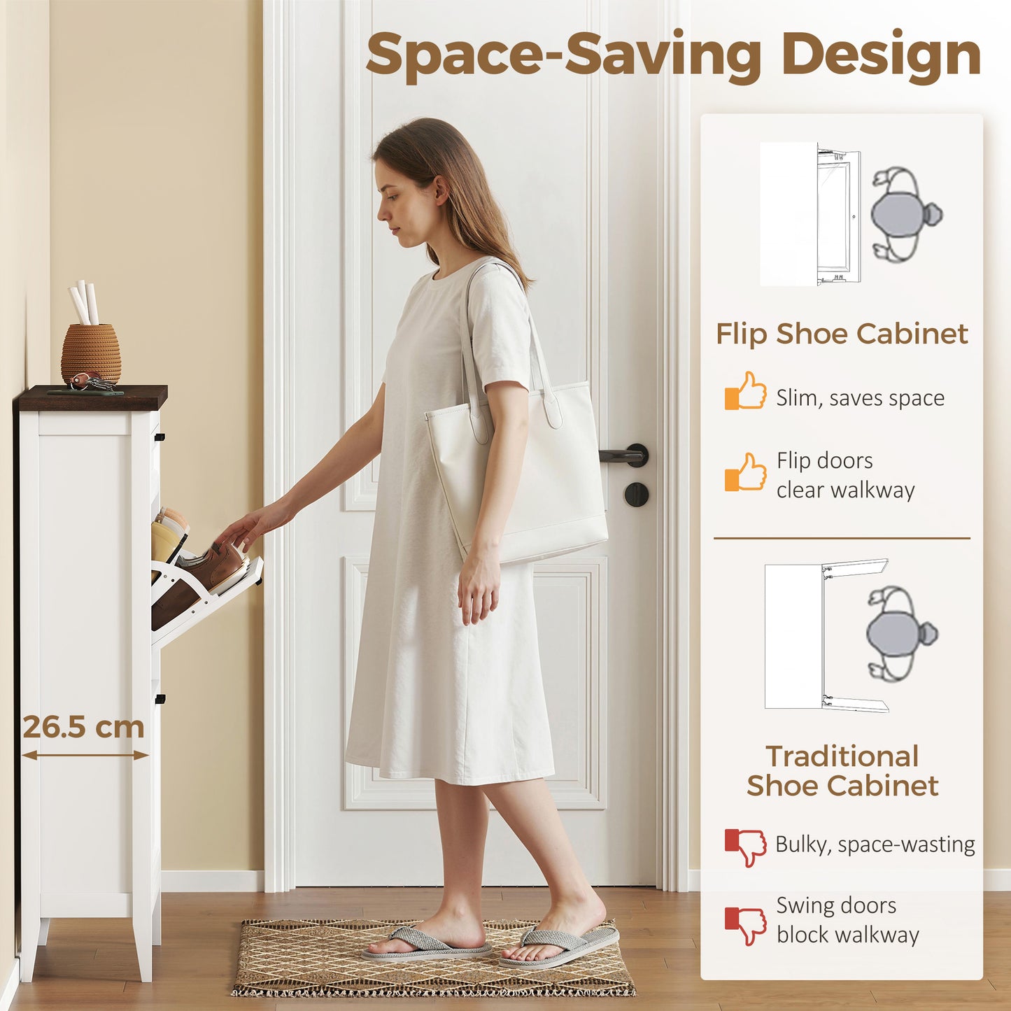 Shoe Cabinet with 2 Flip Drawers, Farmhouse Narrow Shoe Storage Cabinet with Adjustable Shelves, Storage Drawer, Freestanding for Entryway, Hallway, Living Room, Holds 8-12 Pairs, White