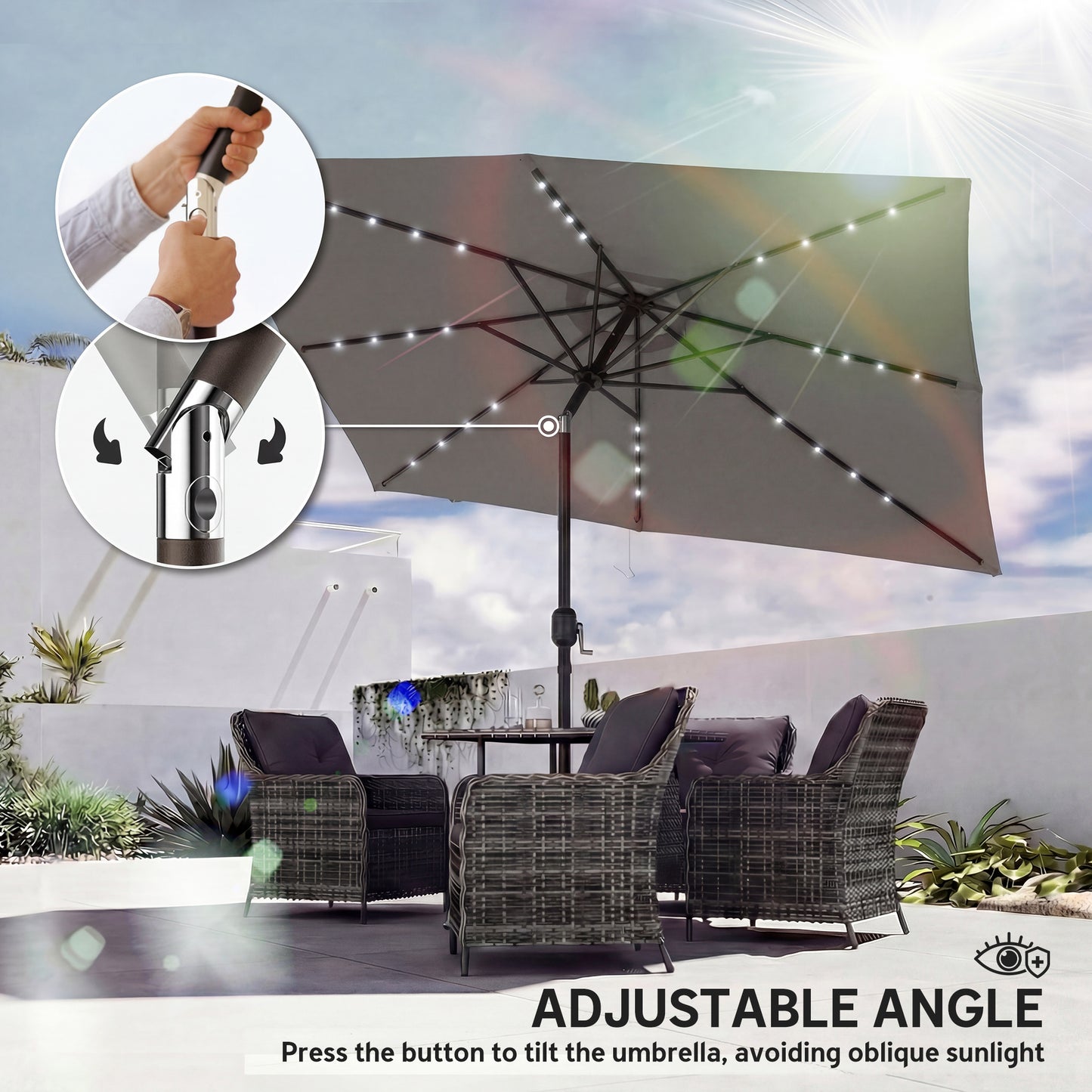 3 x 2 m Garden Parasol Umbrella with Light, Outdoor Patio Umbrella