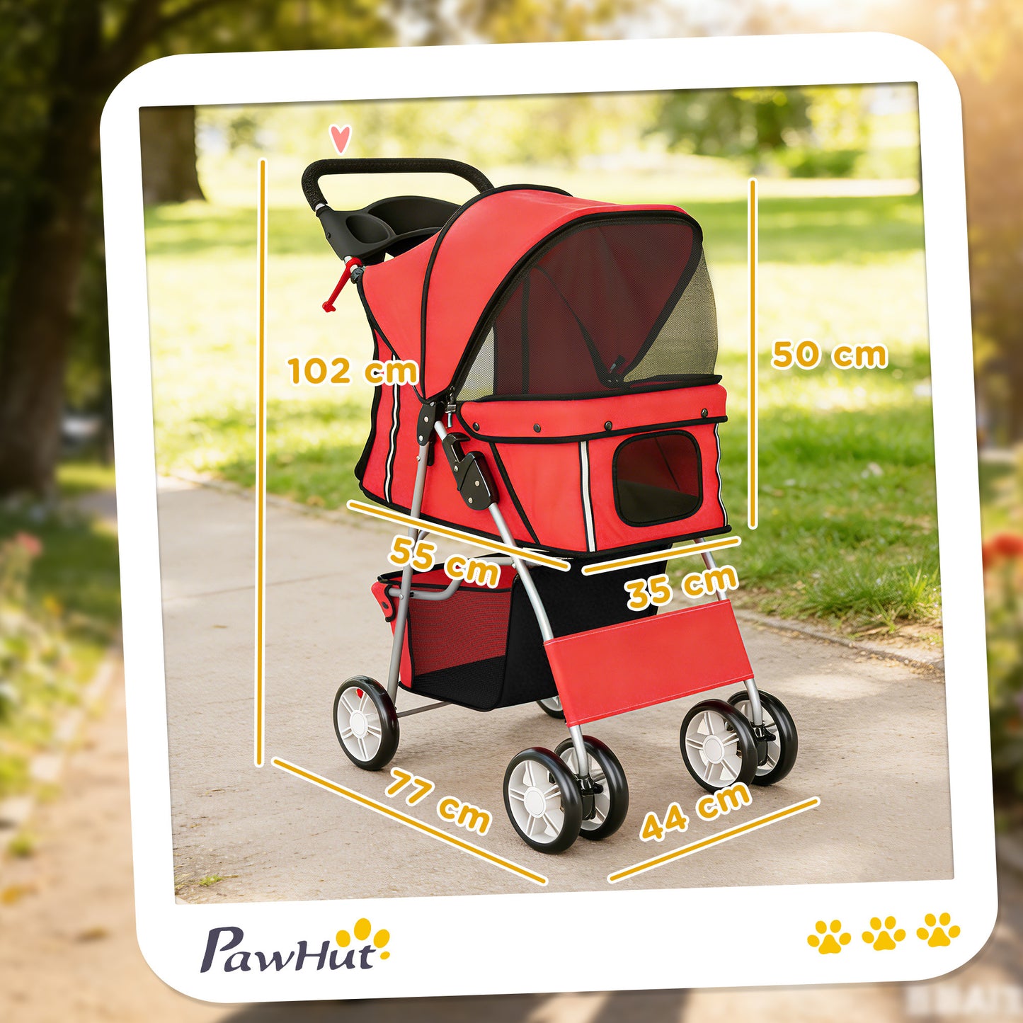 Dog Pram, Foldable Pet Stroller for Small Miniature Dogs Cats, Pet Buggy Pushchair with 360° Swivel EVA Wheels, Brake, Reflective Strips, Mesh Windows, Washable Cushion, Red
