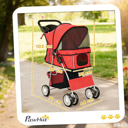 Dog Pram, Foldable Pet Stroller for Small Miniature Dogs Cats, Pet Buggy Pushchair with 360° Swivel EVA Wheels, Brake, Reflective Strips, Mesh Windows, Washable Cushion, Red