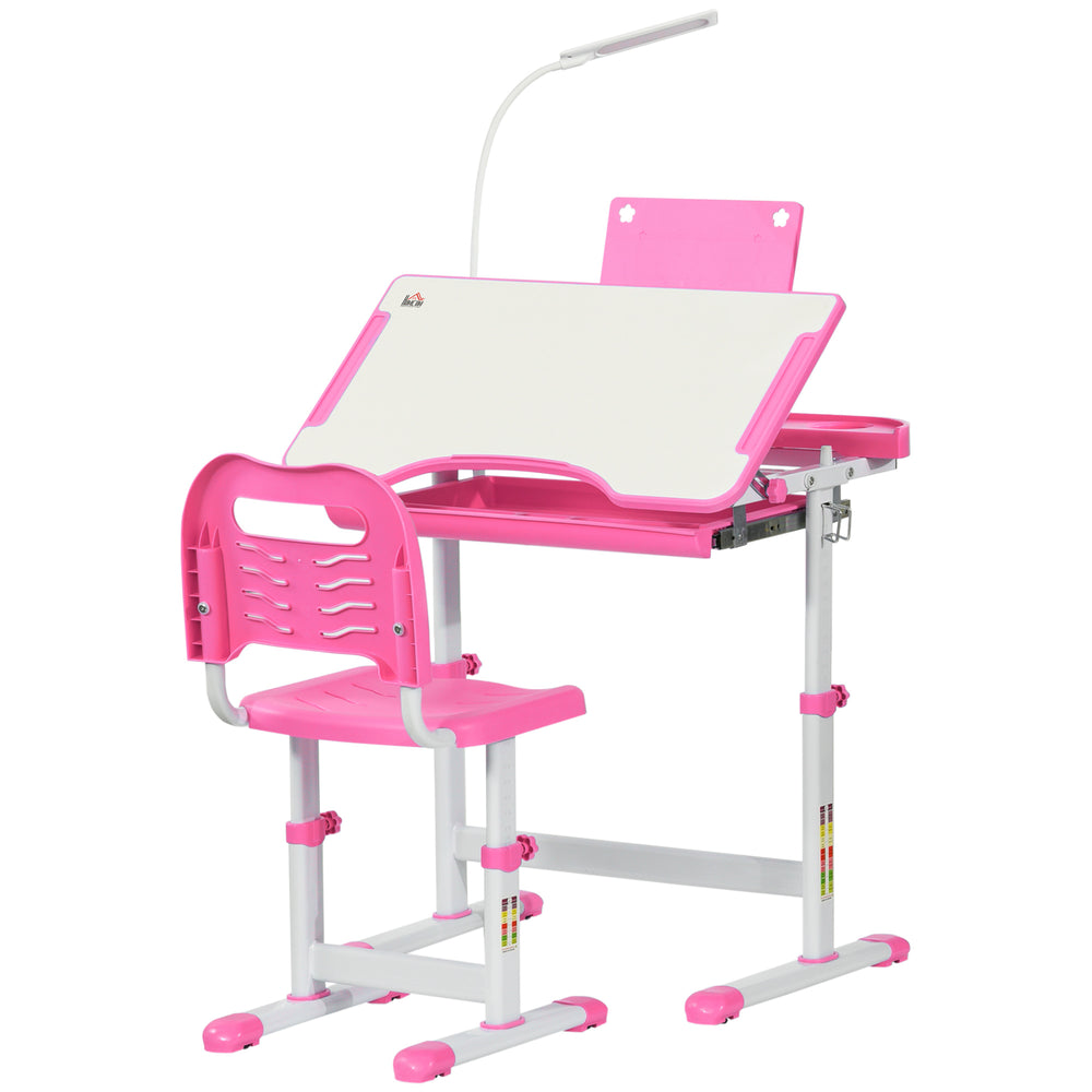 Kids Desk and Chair Set, Height Adjustable Study Desk with USB Lamp, Storage Drawer for Study, Pink and White