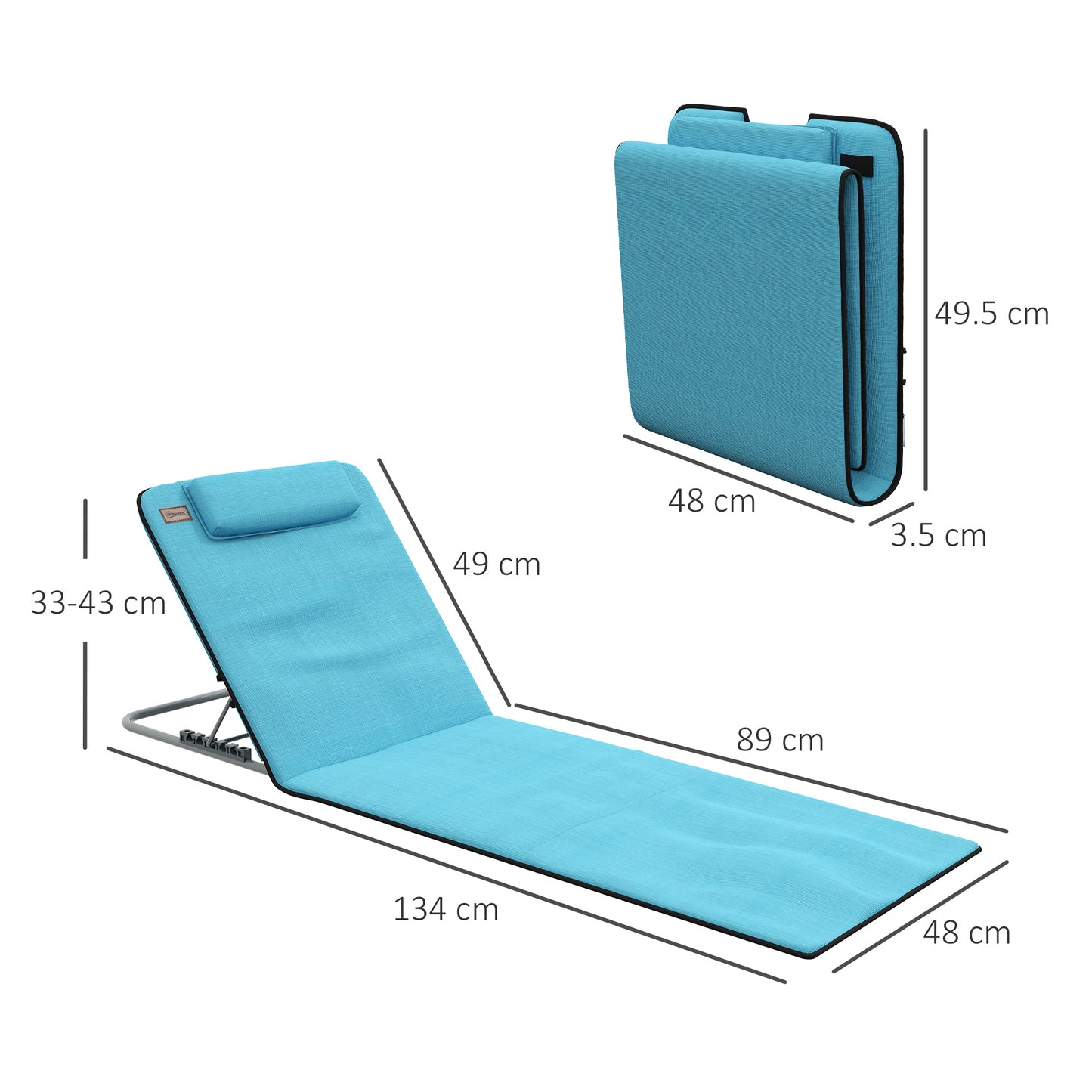 Set of 2 Foldable Garden Beach Chair Mat Lightweight Outdoor Sun Lounger Seats Adjustable Back Metal Frame PE Fabric Head Pillow, Sky Blue