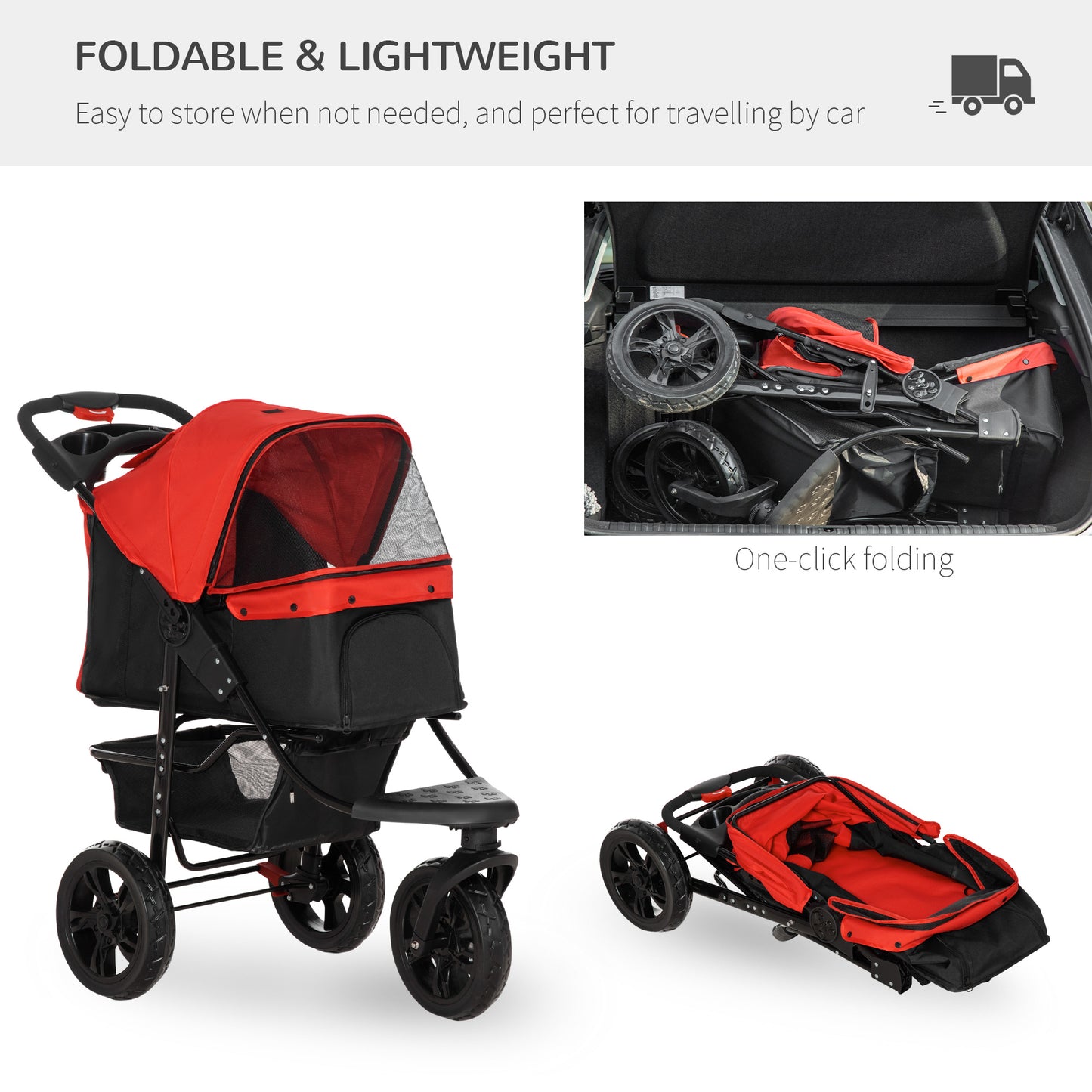 Folding Pet Stroller 3 Wheel Dog Jogger Travel Carrier Adjustable Canopy Storage Brake Mesh Window for Small Miniature Dog Cat Red