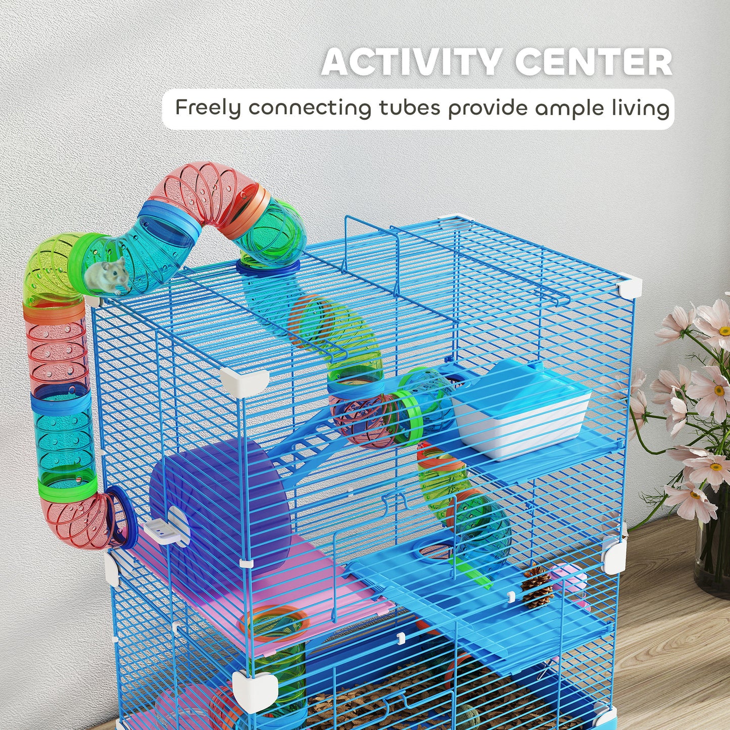 5 Tier Hamster Cage, Gerbil Cage with Tube Exercise Wheels, Tunnel, Water Bottle, Dishes, Blue, 58H x 46L x 30Wcm