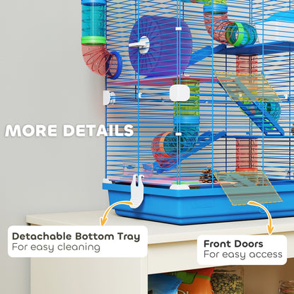 5 Tier Hamster Cage, Gerbil Cage with Tube Exercise Wheels, Tunnel, Water Bottle, Dishes, Blue, 58H x 46L x 30Wcm