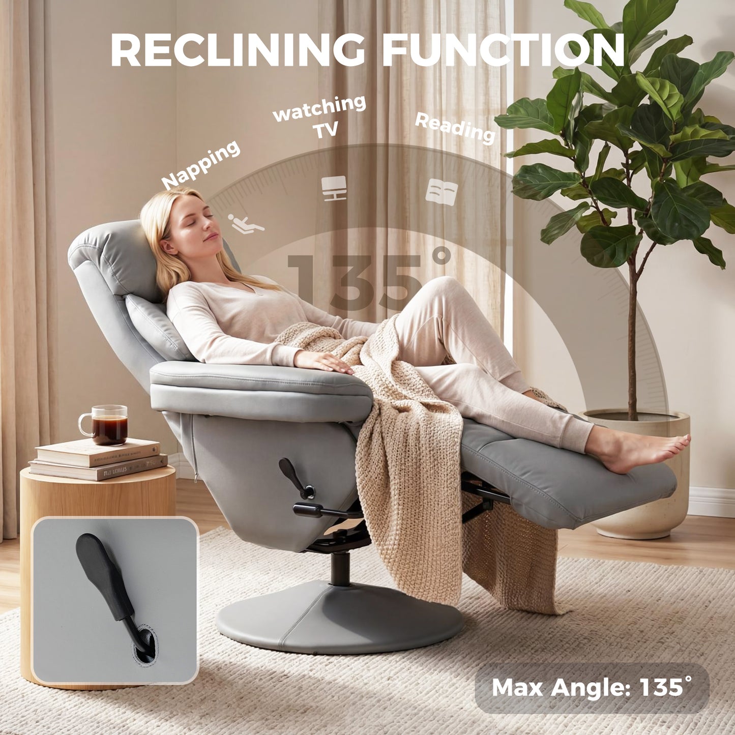 Upholstered Reclining Armchair with Adjustable Backrest, Grey