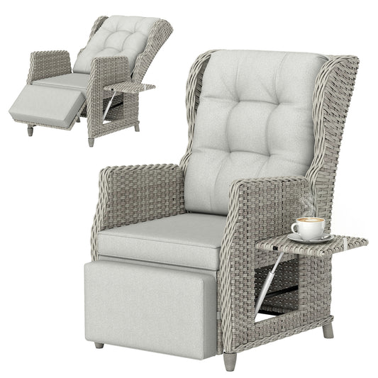 Rattan Garden Recliner Chair with Flip Table, Light Grey