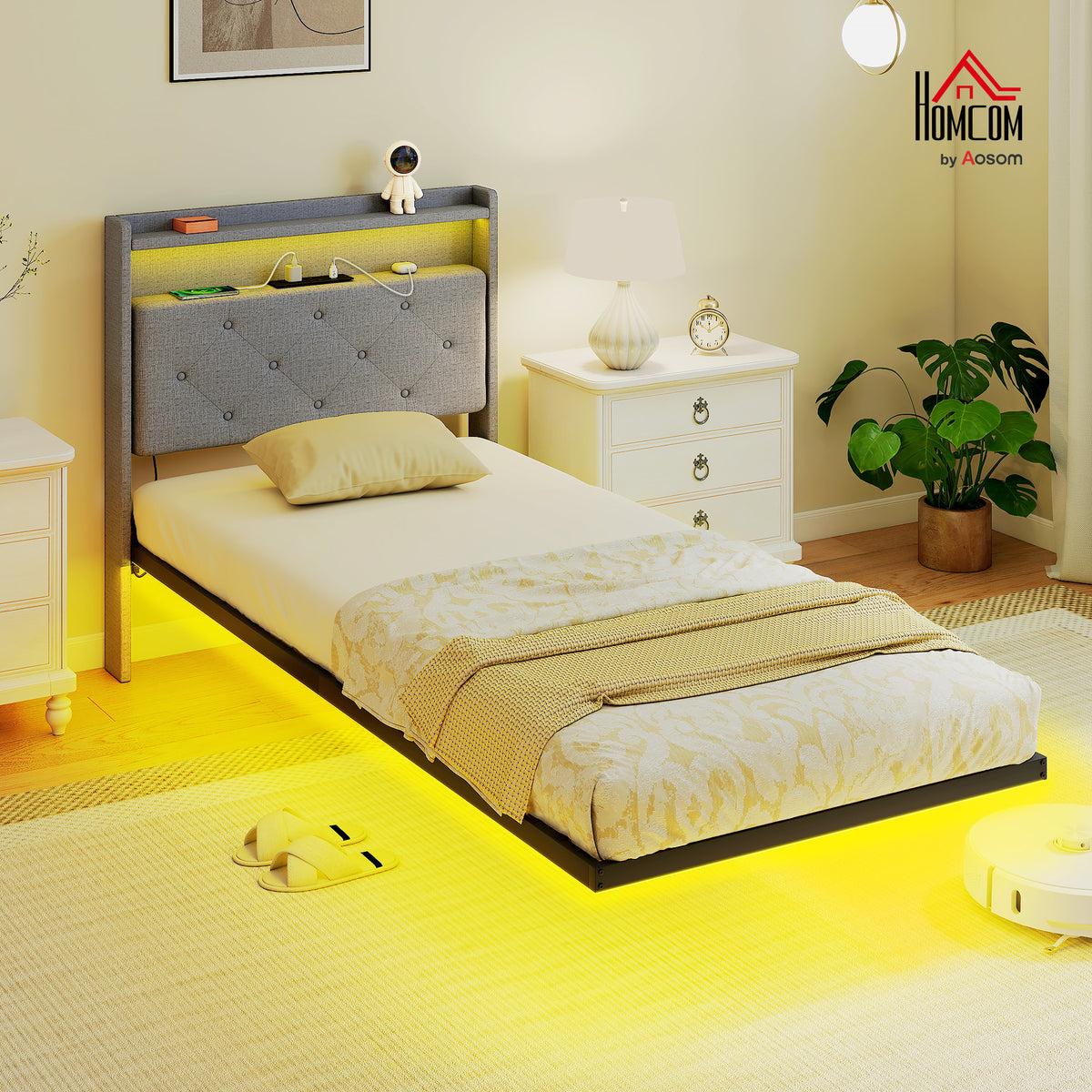 Floating Bed Frame with RGB Lights, Upholstered Single Size Bed, Grey
