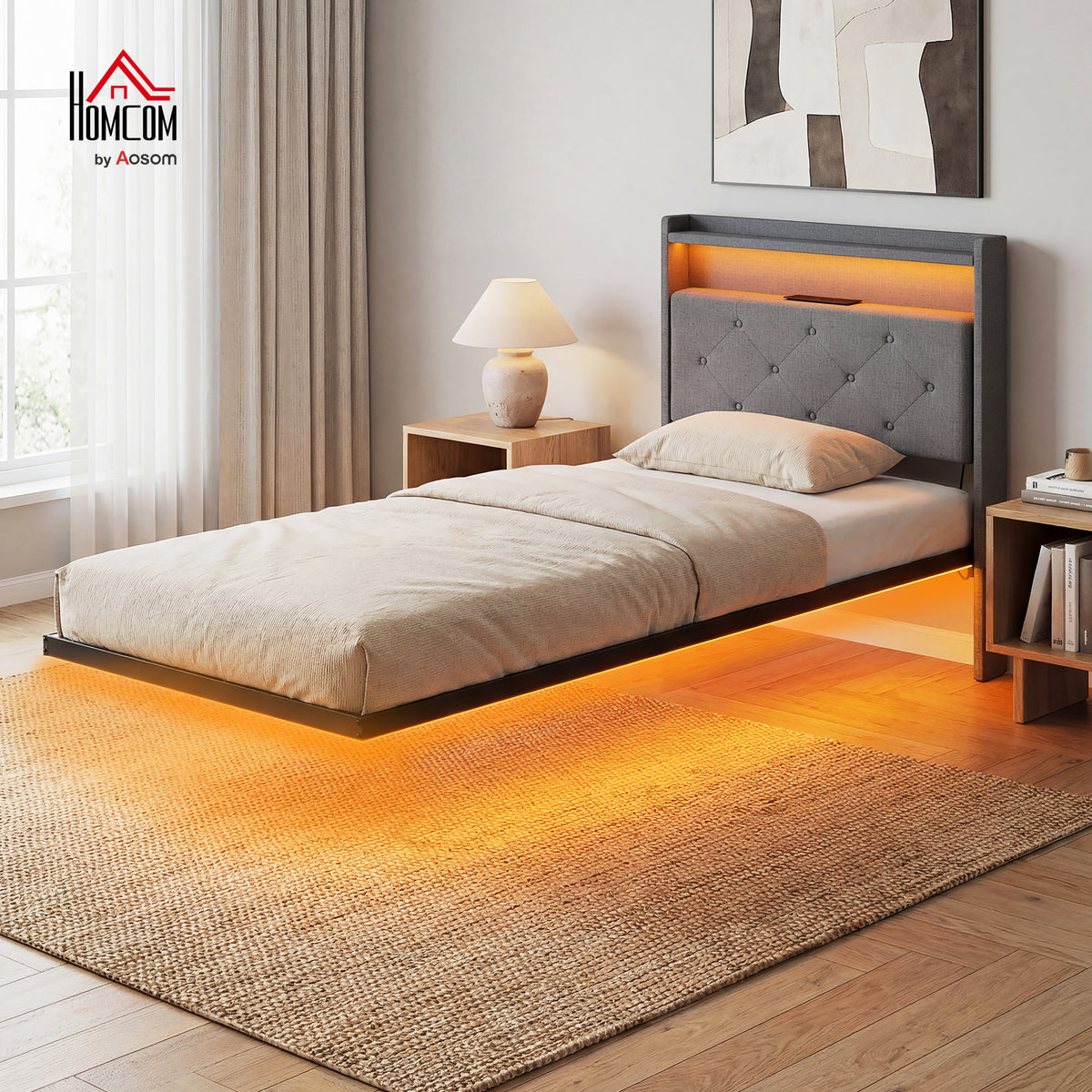 Floating Bed Frame with RGB Lights, Upholstered Single Size Bed, Grey