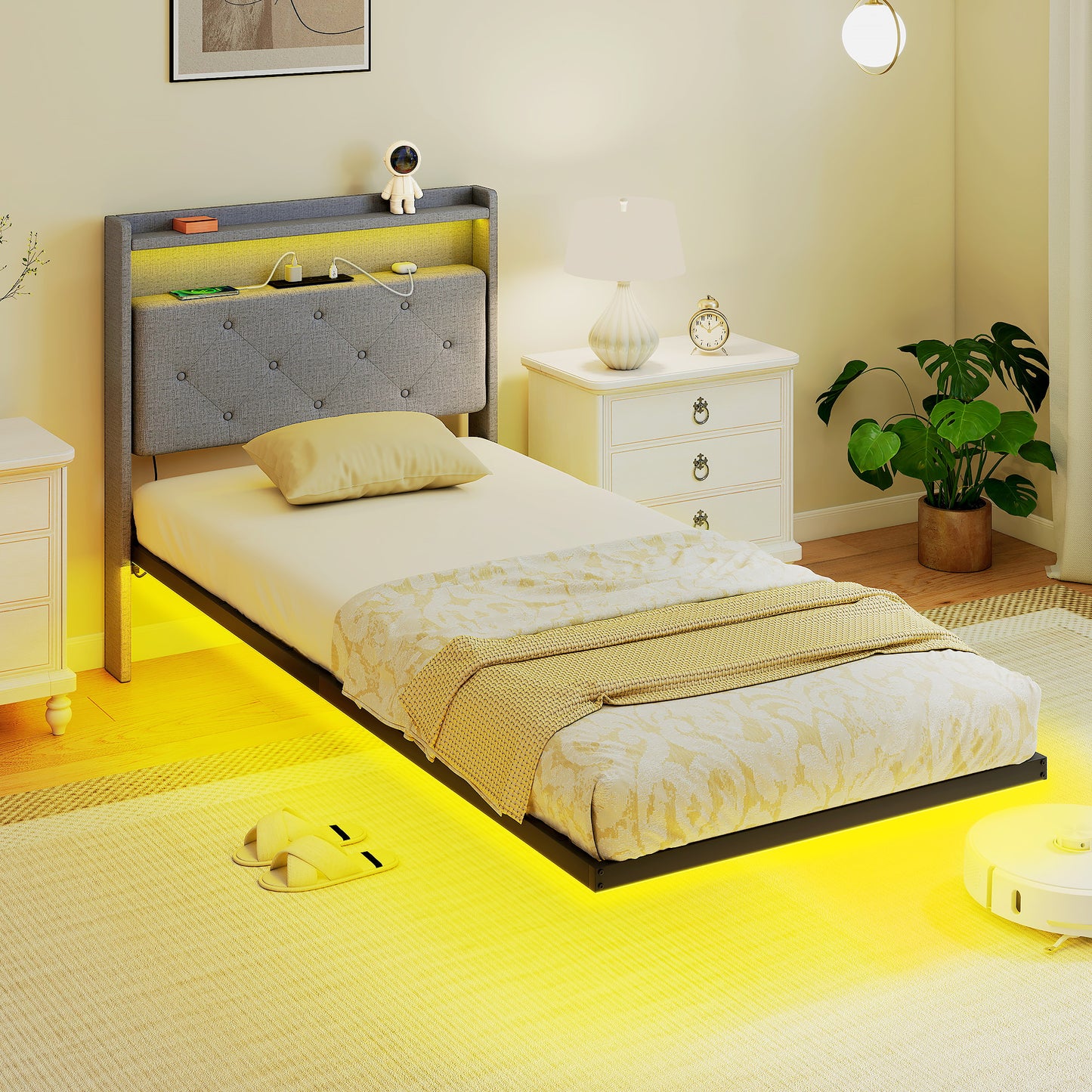 Floating Bed Frame with RGB Lights, Upholstered Single Size Bed, Grey