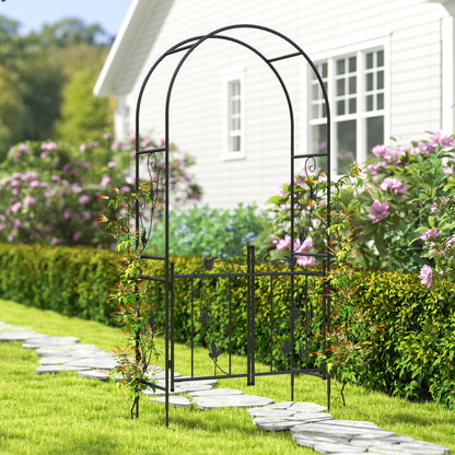 2.17m Steel Garden Arch with Double Gate, Garden Arbor Trellis, Black