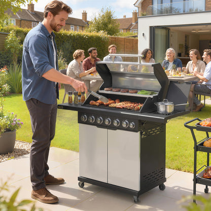 6+1 Burner Gas BBQ Grill, Barbecue Grill with Warming Rack, Silver
