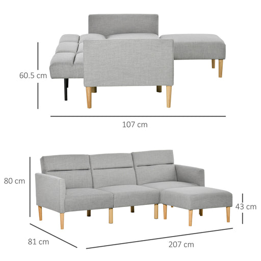 OUT OF STOCK - L Shape Sofa Bed Set, Linen Fabric Corner Sofa Bed with Rubber Wood Legs and Footstool, Light Grey