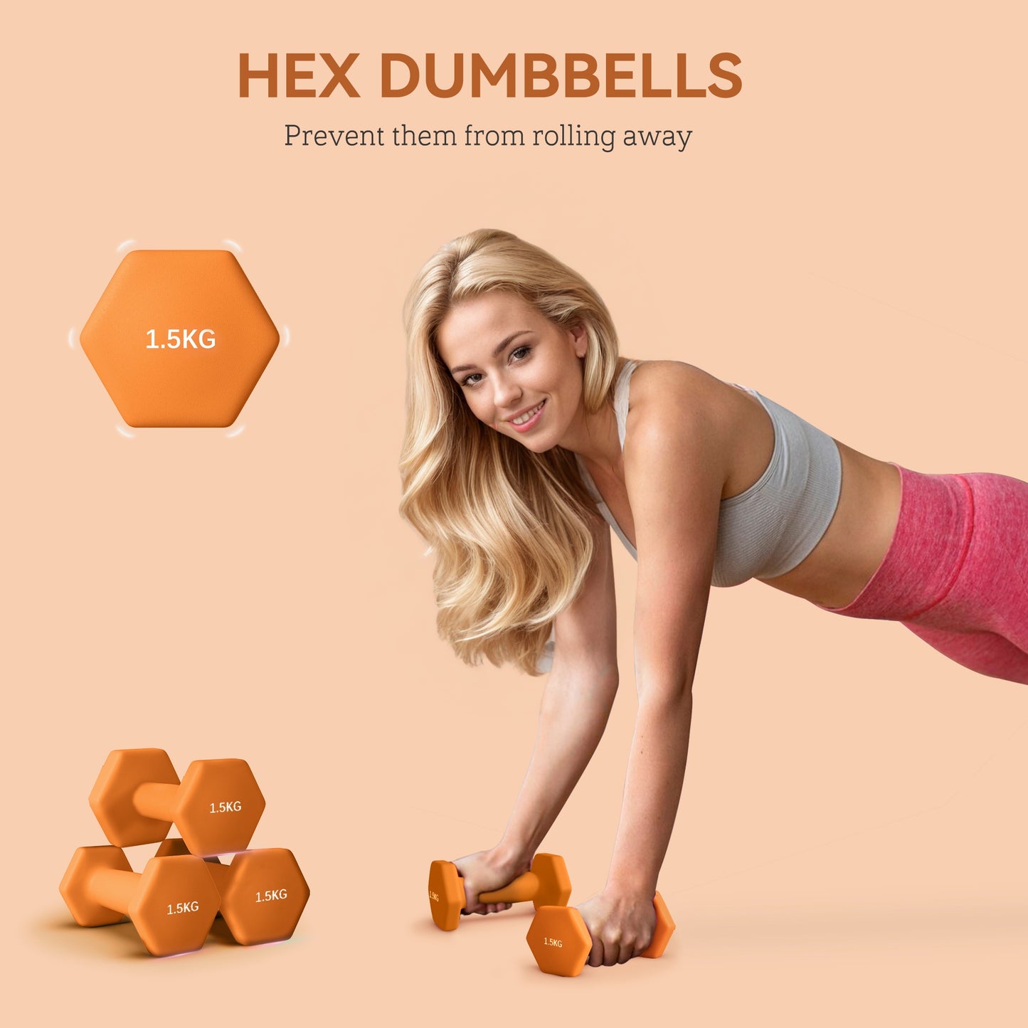 Set of 2 Hexagonal Dumbbells Weights Pair, 2 x 1.5kg, Orange