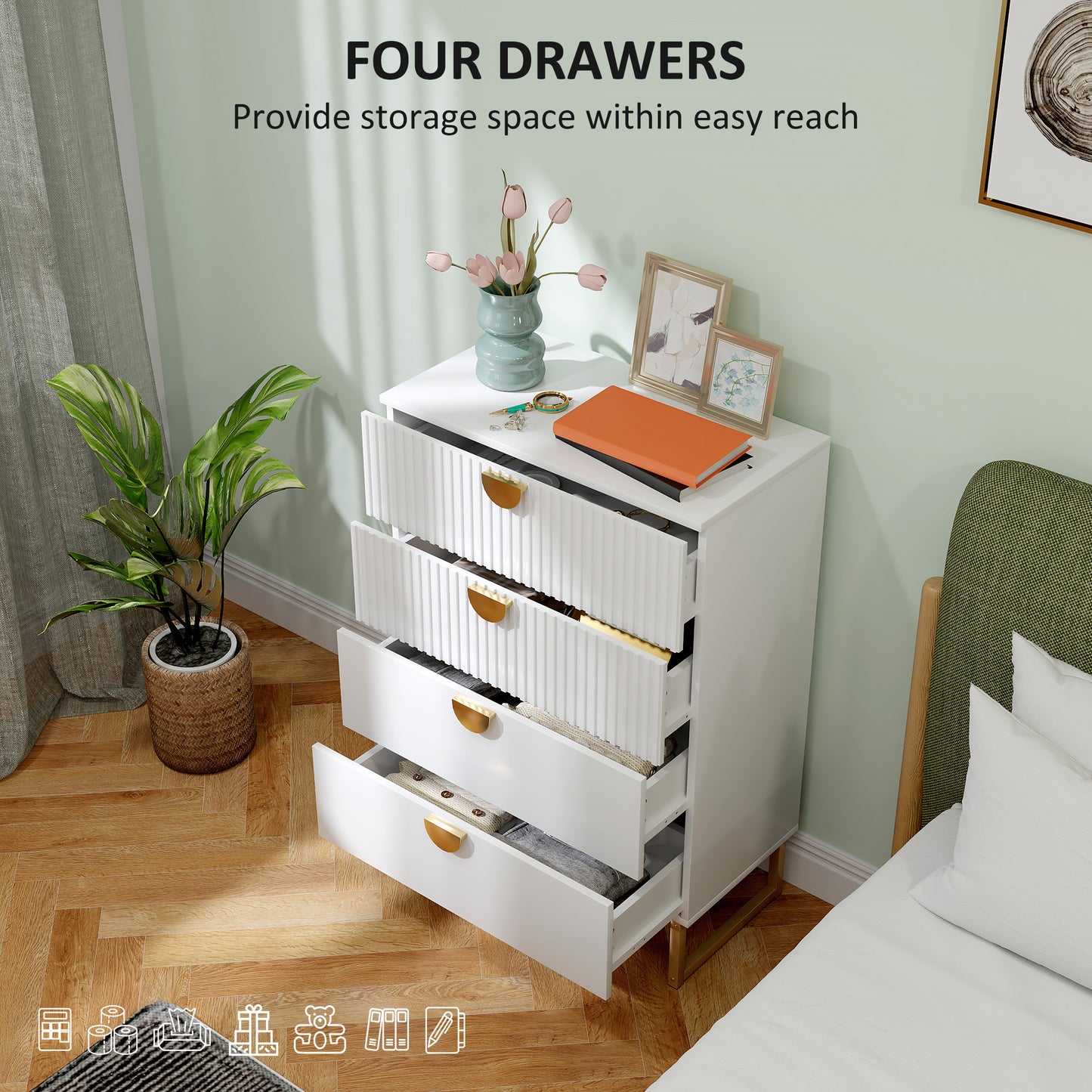 Chest of Drawers with 4 Drawers, Modern Dresser for Bedroom, White