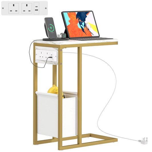 C Shaped Side Table, Faux Marble Bedside Table with Charging Station
