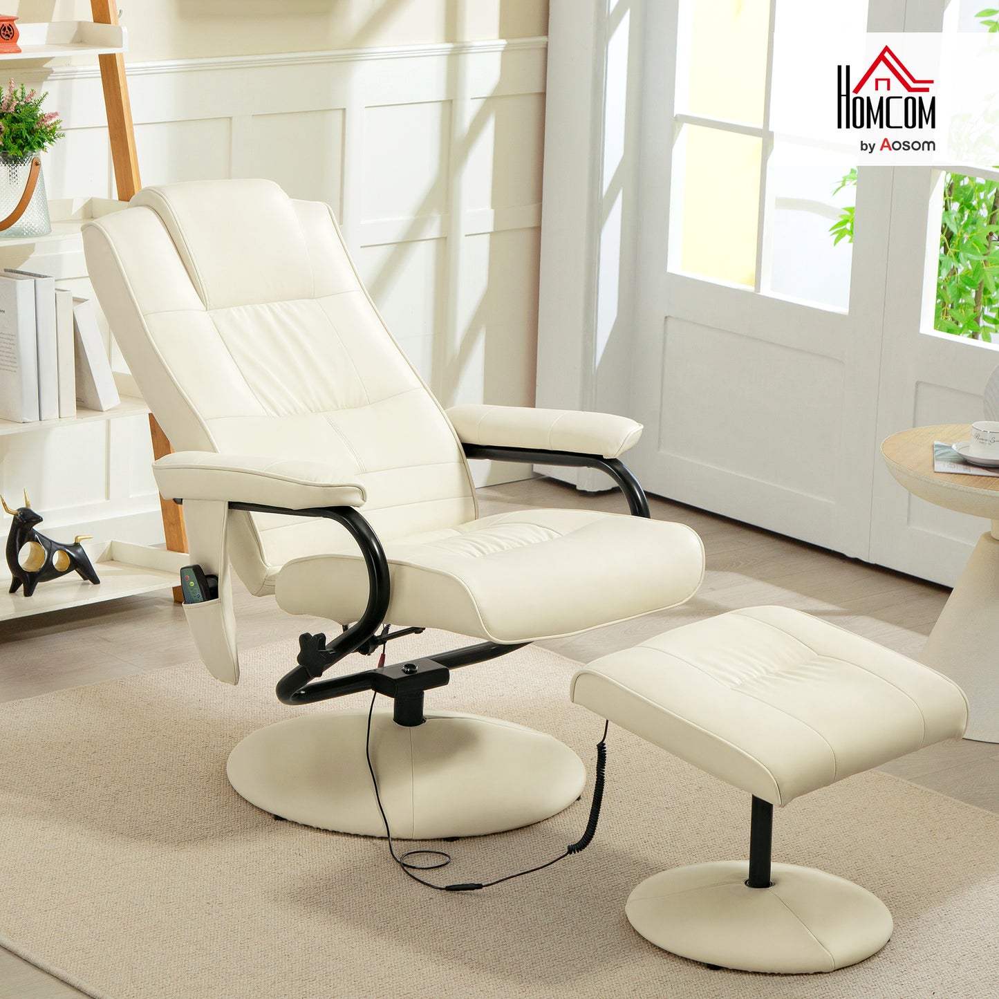 Massage Ottoman Cushioned Recliner Chair 10 Points Vibration Cream