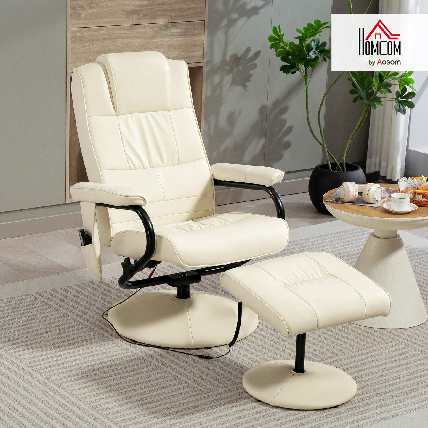 Massage Ottoman Cushioned Recliner Chair 10 Points Vibration Cream