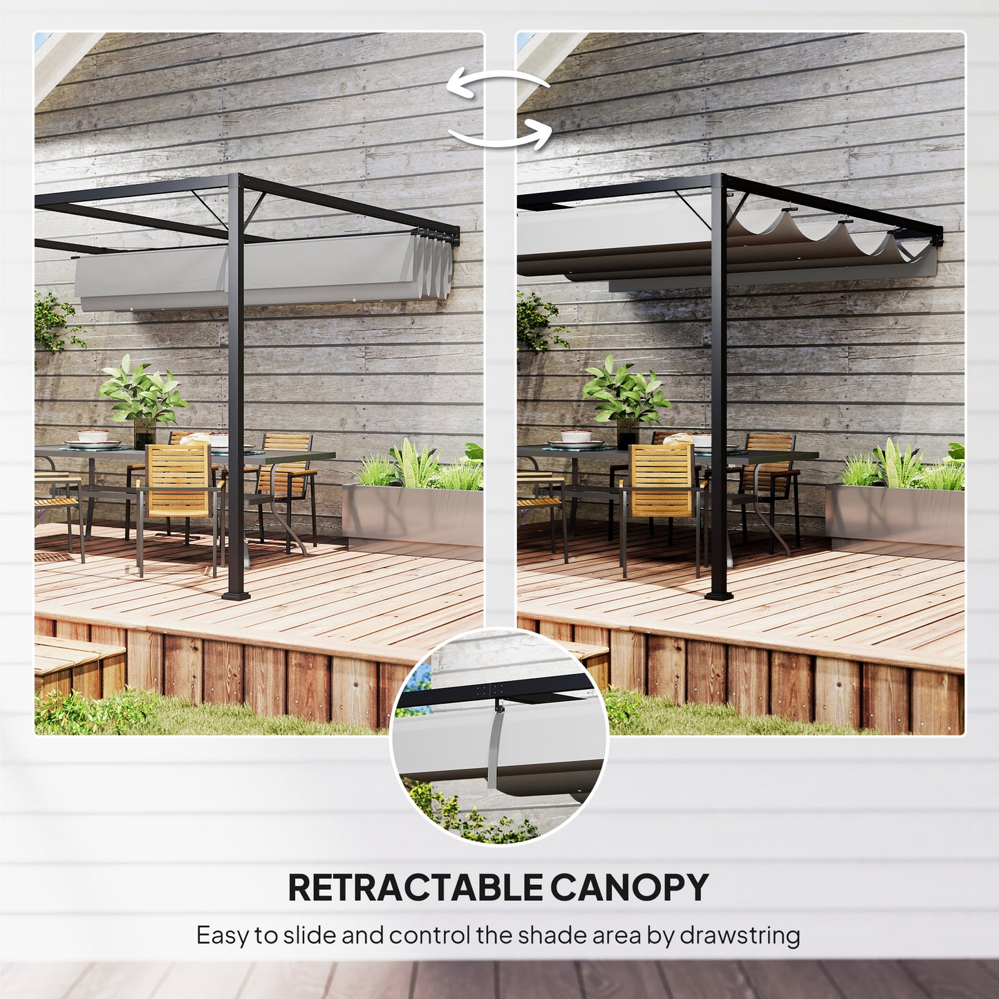 3 x 3(m) Outdoor Pergola Retractable Canopy Wall Mounted, Grey