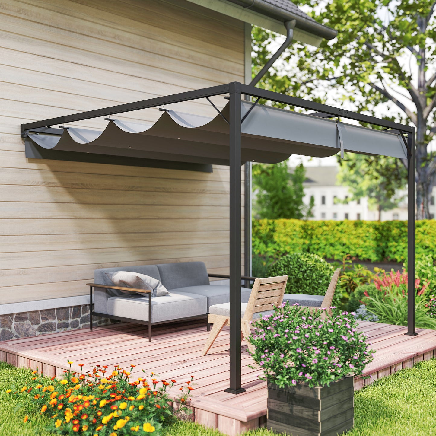 3 x 3(m) Outdoor Pergola Retractable Canopy Wall Mounted, Grey