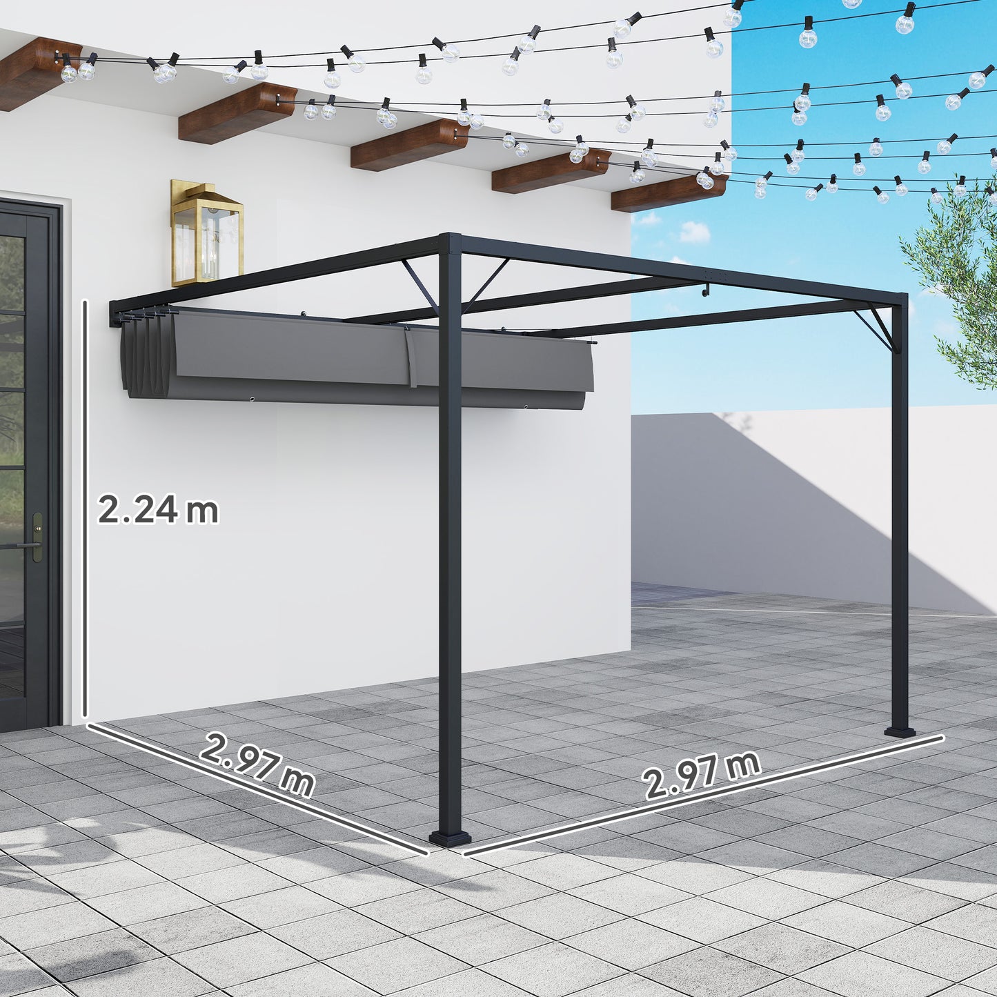 3 x 3(m) Outdoor Pergola Retractable Canopy Wall Mounted, Grey