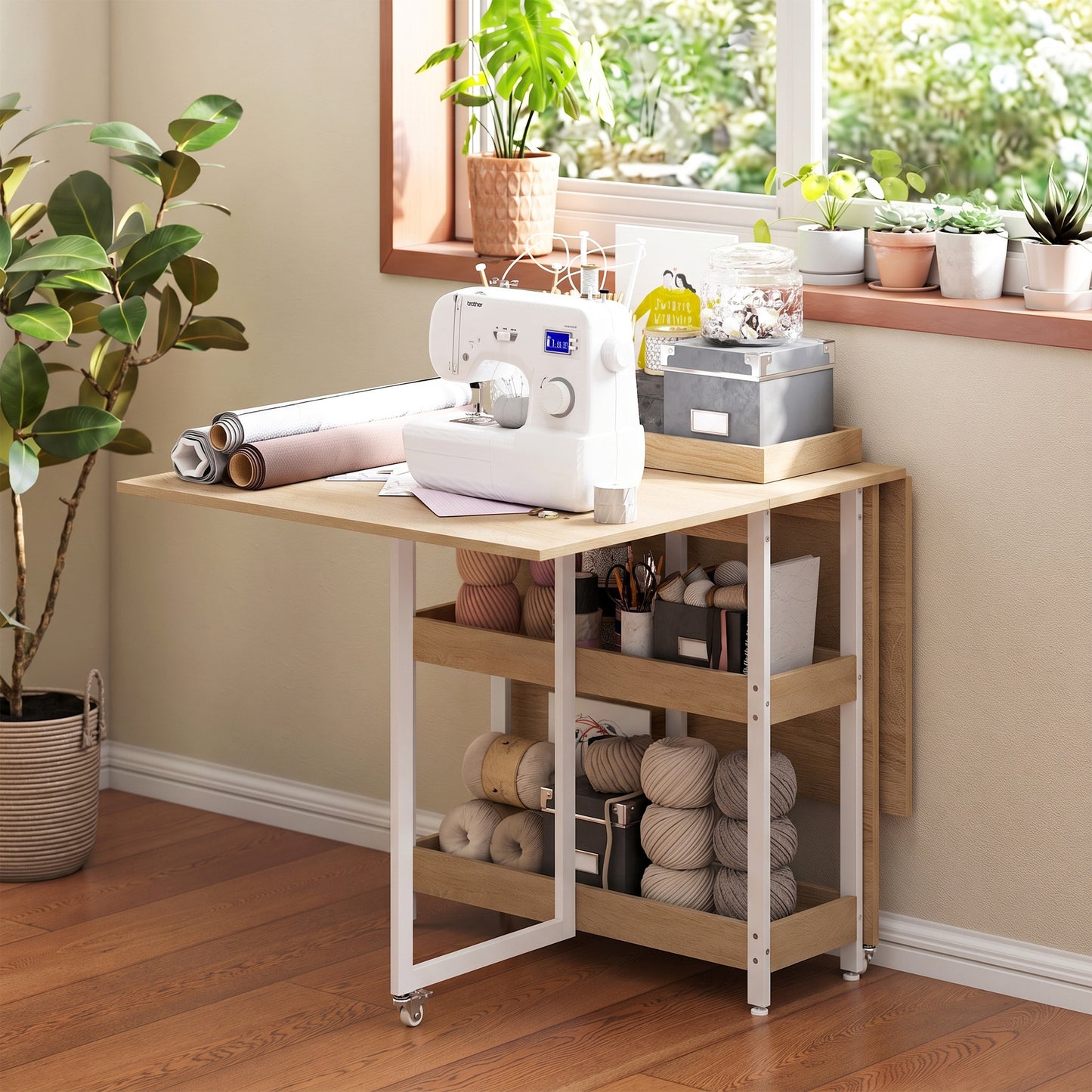 Folding Dining Table, Drop Leaf Table w/ Open Compartments, Natural