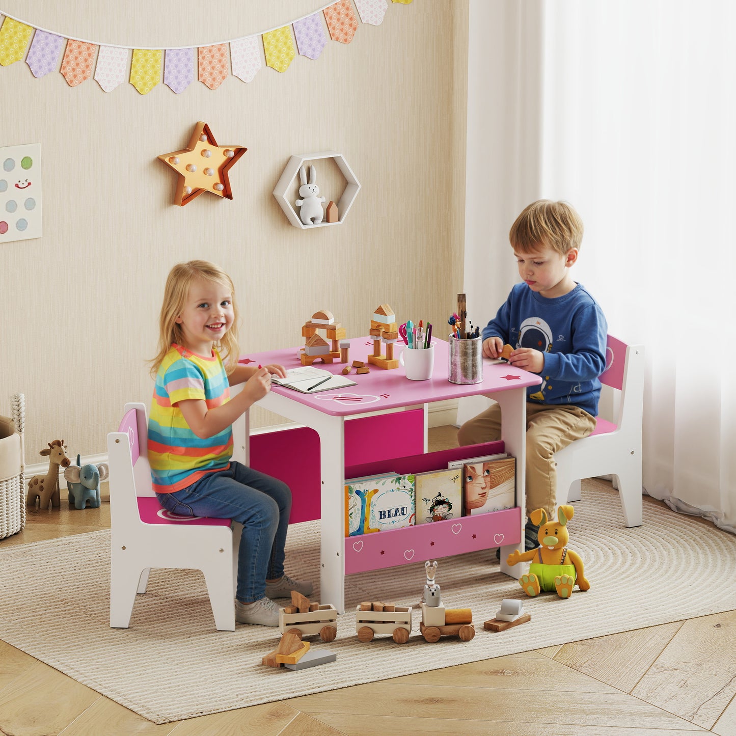 3 Pieces Kids Table and Chair Set with Bookshelves, Pink