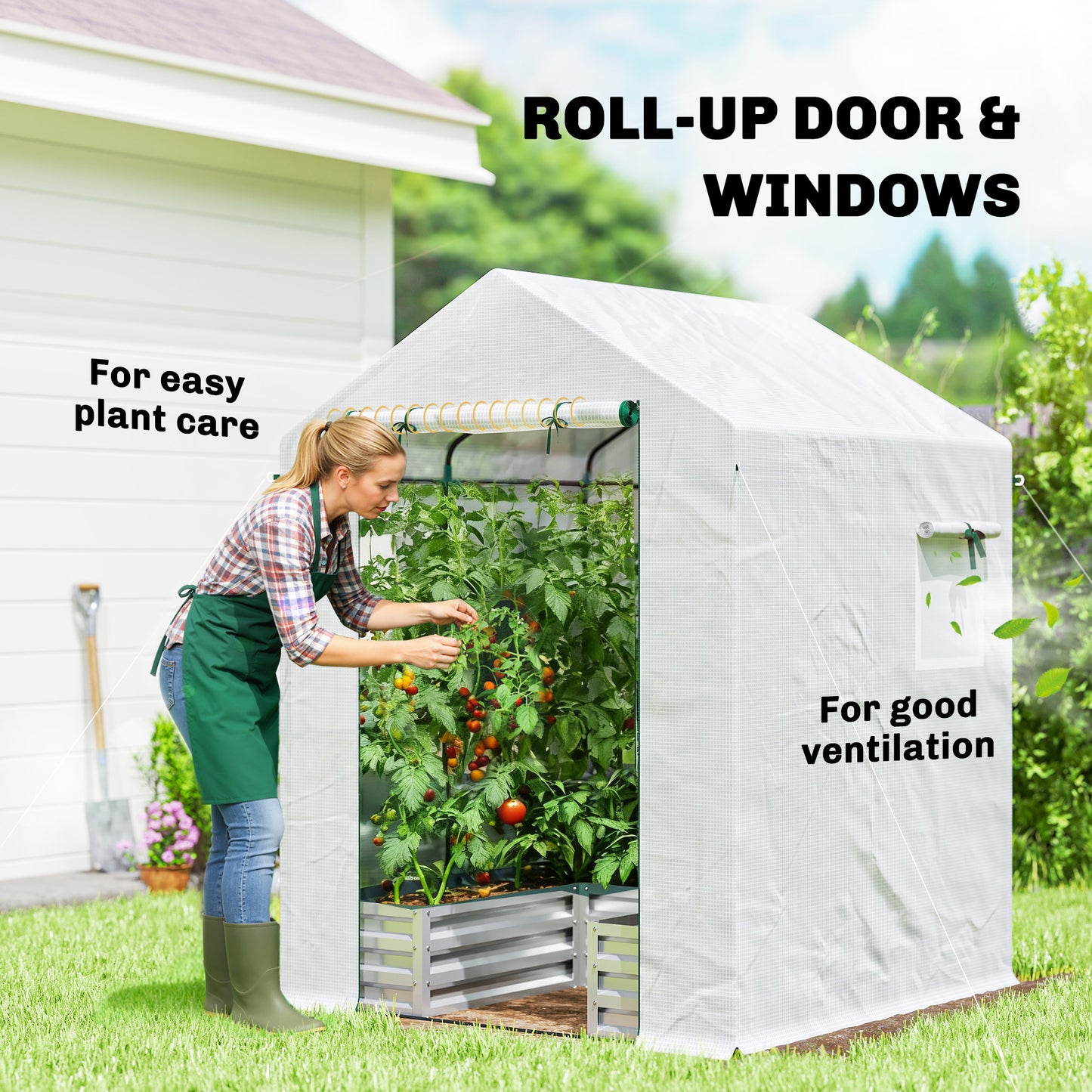 Mini Greenhouse Outdoor Greenhouse with Roll Up Door, White