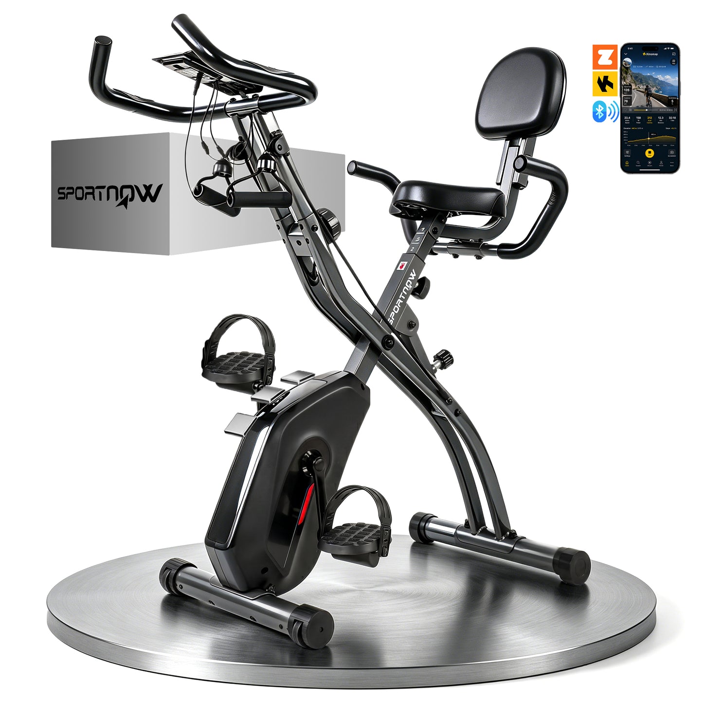 3-In-1 Folding Exercise Bike with Resistance Bands, Indoor Stationary Bike with Bluetooth App, Quiet 8-Level Magnetic Resistance, LCD Display, Pulse Sensor, Adjustable Seat, Wheels, Black