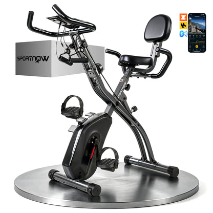 3-In-1 Folding Exercise Bike with Resistance Bands, Indoor Stationary Bike with Bluetooth App, Quiet 8-Level Magnetic Resistance, LCD Display, Pulse Sensor, Adjustable Seat, Wheels, Black