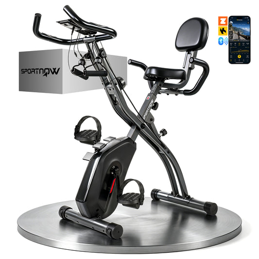 3-In-1 Folding Exercise Bike with Resistance Bands, Indoor Stationary Bike with Bluetooth App, Quiet 8-Level Magnetic Resistance, LCD Display, Pulse Sensor, Adjustable Seat, Wheels, Black