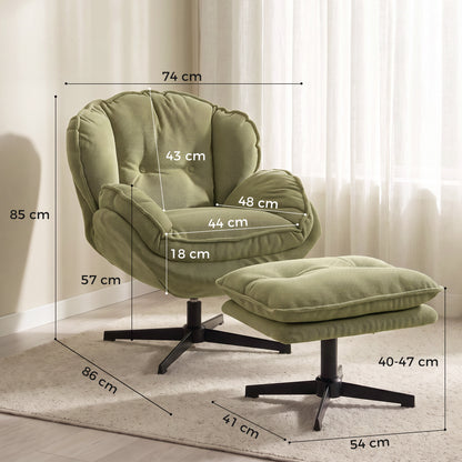 Armchair with Footstool, 360-Degree Swivel Accent Chair, Green