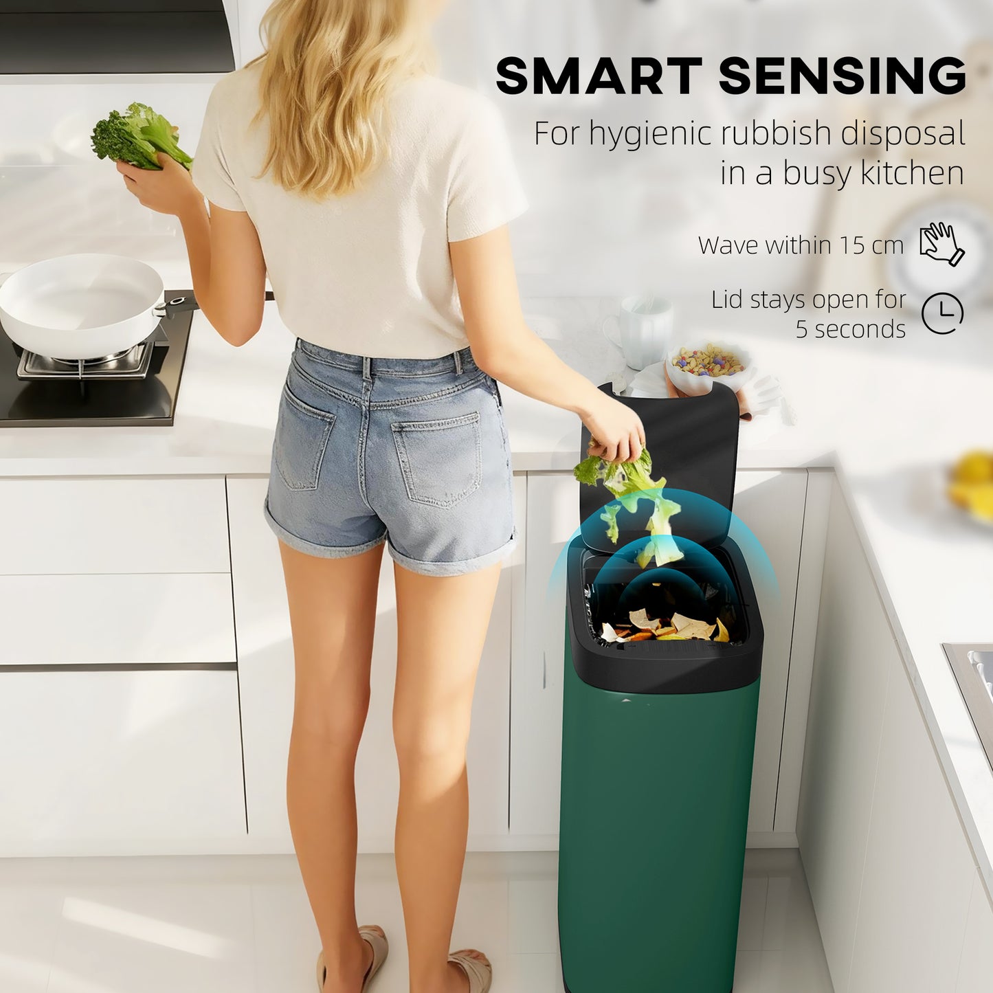 50L Sensor Bin, Touchless Kitchen Bin, Battery Operated, Dark Green