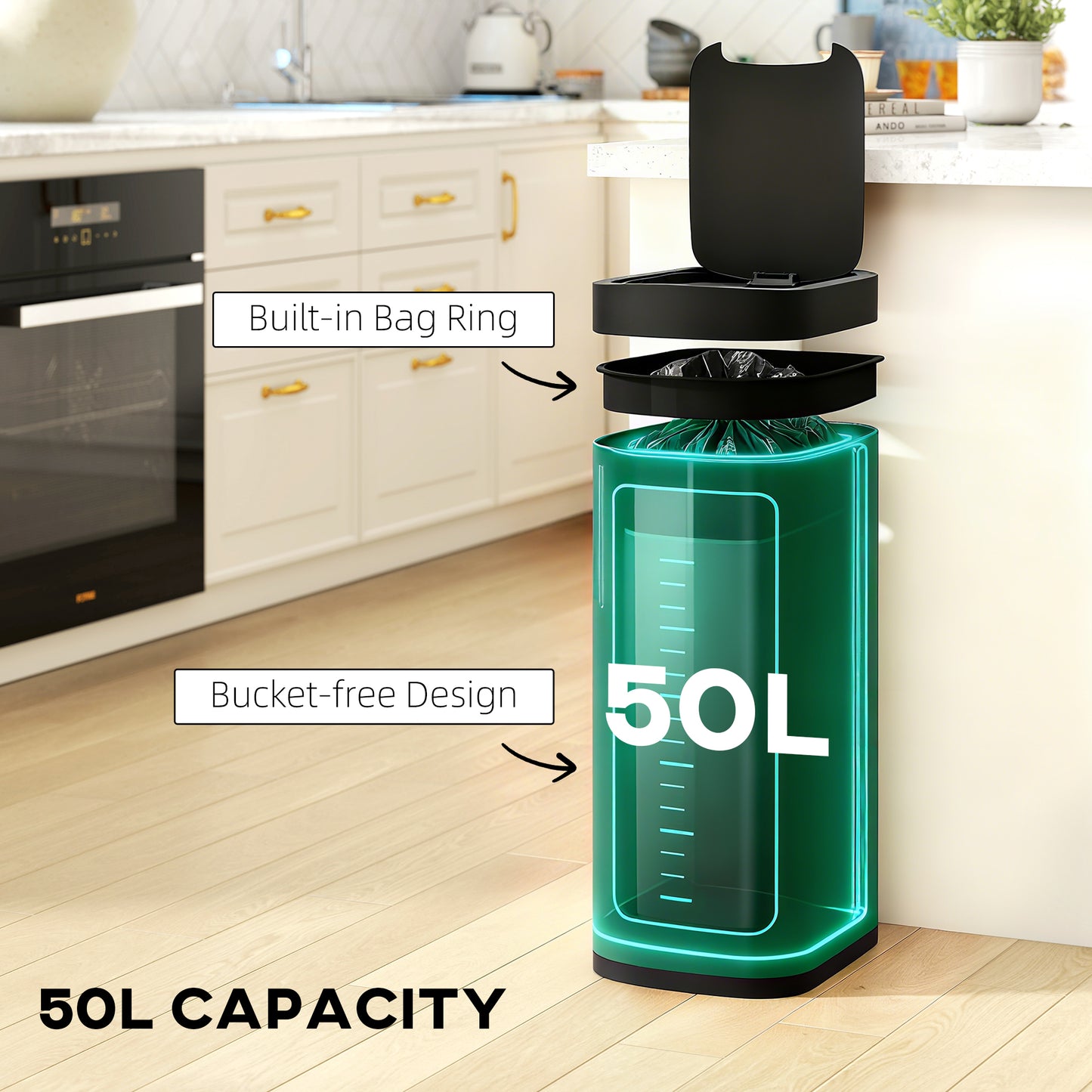50L Sensor Bin, Touchless Kitchen Bin, Battery Operated, Dark Green