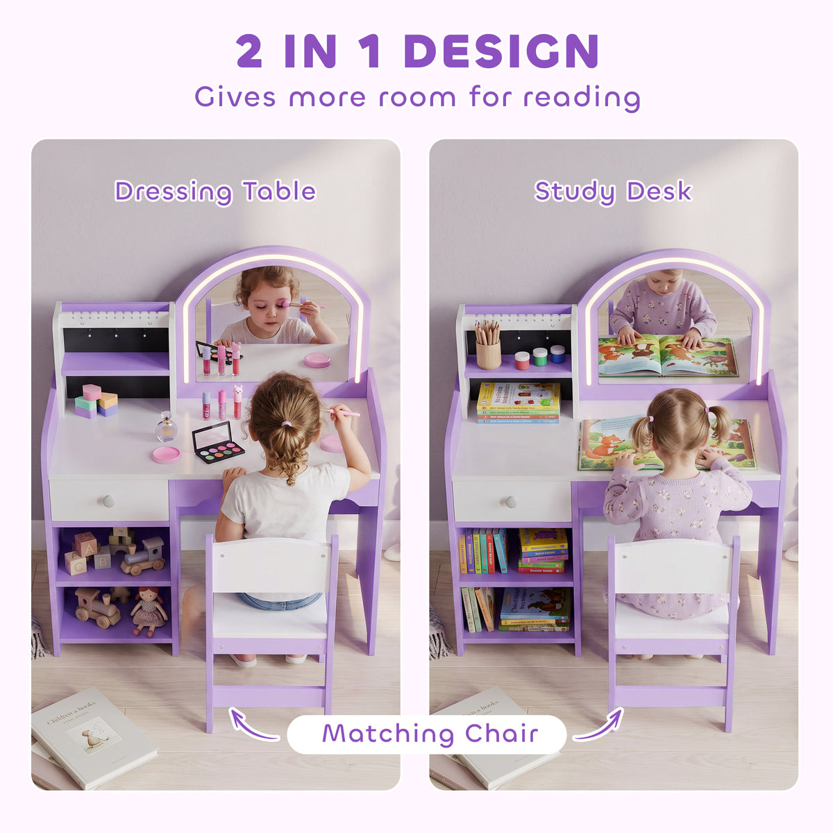 Kids Vanity Set, Dressing Table with Stool, Purple