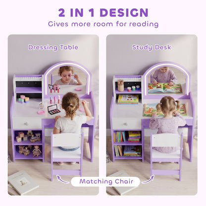 Kids Vanity Set, Dressing Table with Stool, Purple