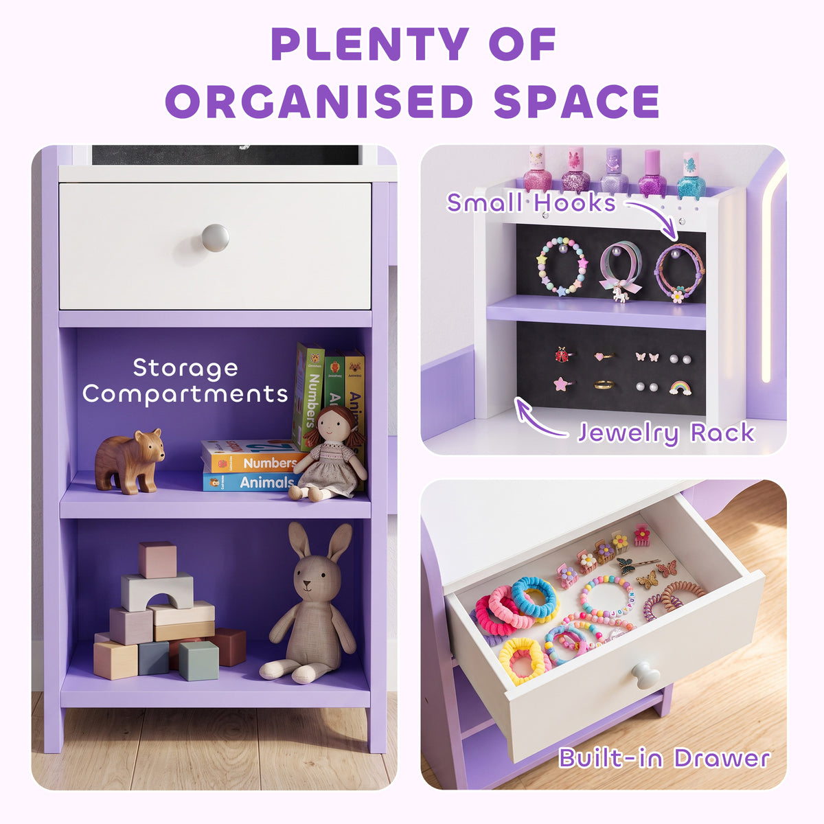 Kids Vanity Set, Dressing Table with Stool, Purple