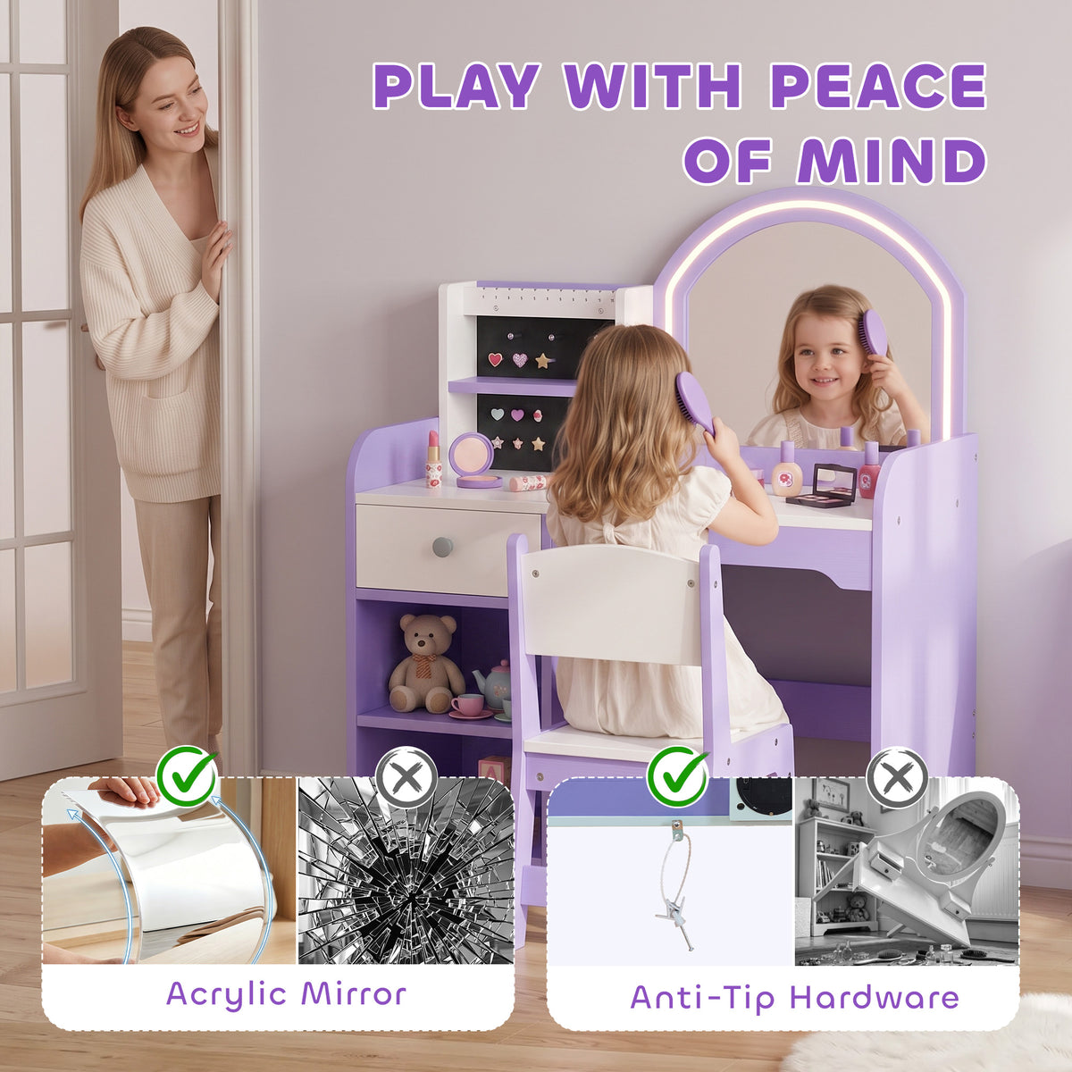 Kids Vanity Set, Dressing Table with Stool, Purple