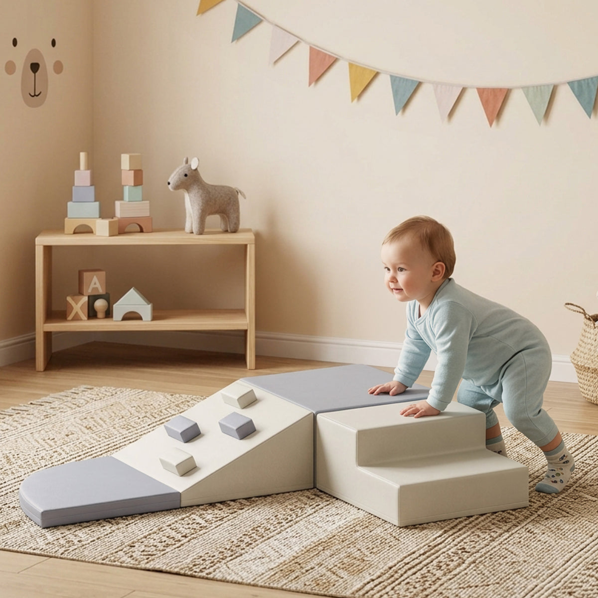 4 Piece Foam Soft Play Climbing Set with Ramp and Steps - Light Grey & Beige
