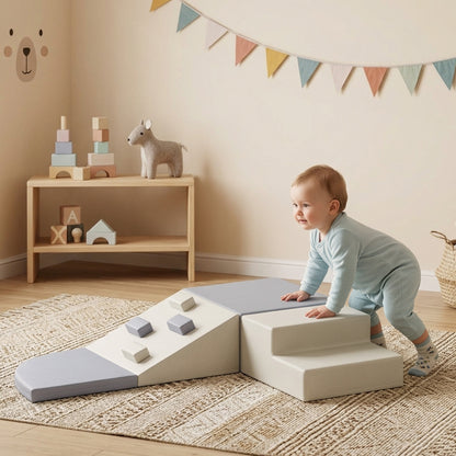 4 Piece Foam Soft Play Climbing Set with Ramp and Steps - Light Grey & Beige