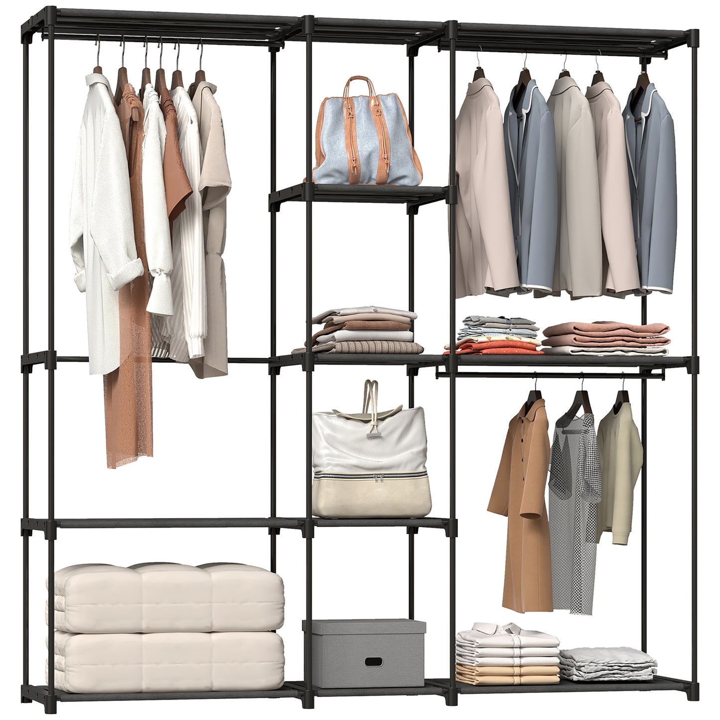 Portable Wardrobe, Open Clothes Wardrobe with 8 Shelves, 3 Hanging Rails, Freestanding Coat Rack Organiser, 182 x 43 x 185cm, Black
