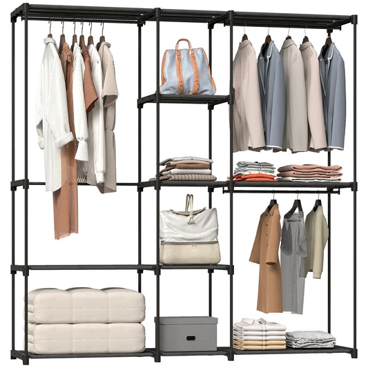 Portable Wardrobe, Open Clothes Wardrobe with 8 Shelves, 3 Hanging Rails, Freestanding Coat Rack Organiser, 182 x 43 x 185cm, Black