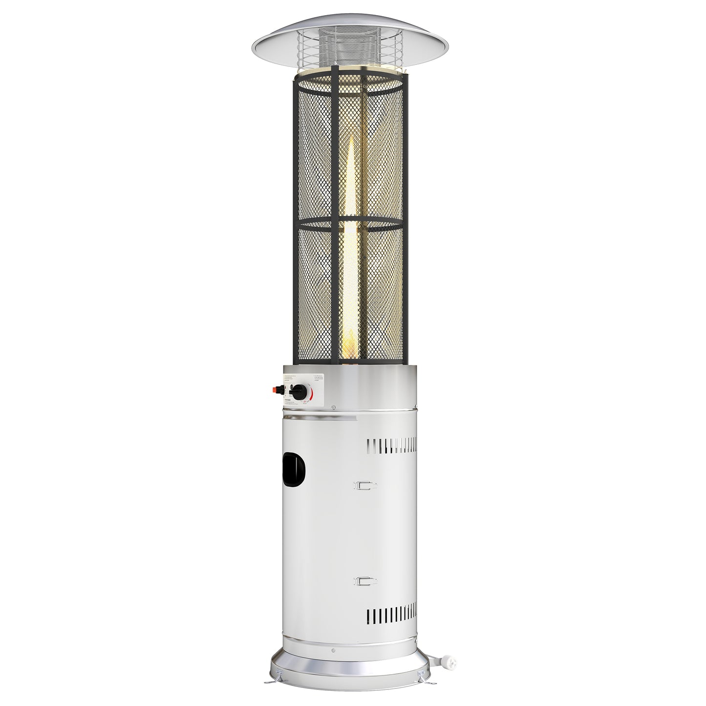 11 KW Freestanding Gas Patio Heater, Adjustable Outdoor Garden Propane Heater with Tip-Over Switch, Wheels, Pulse Ignition, Tank Room with Openable Door, Silver Tone