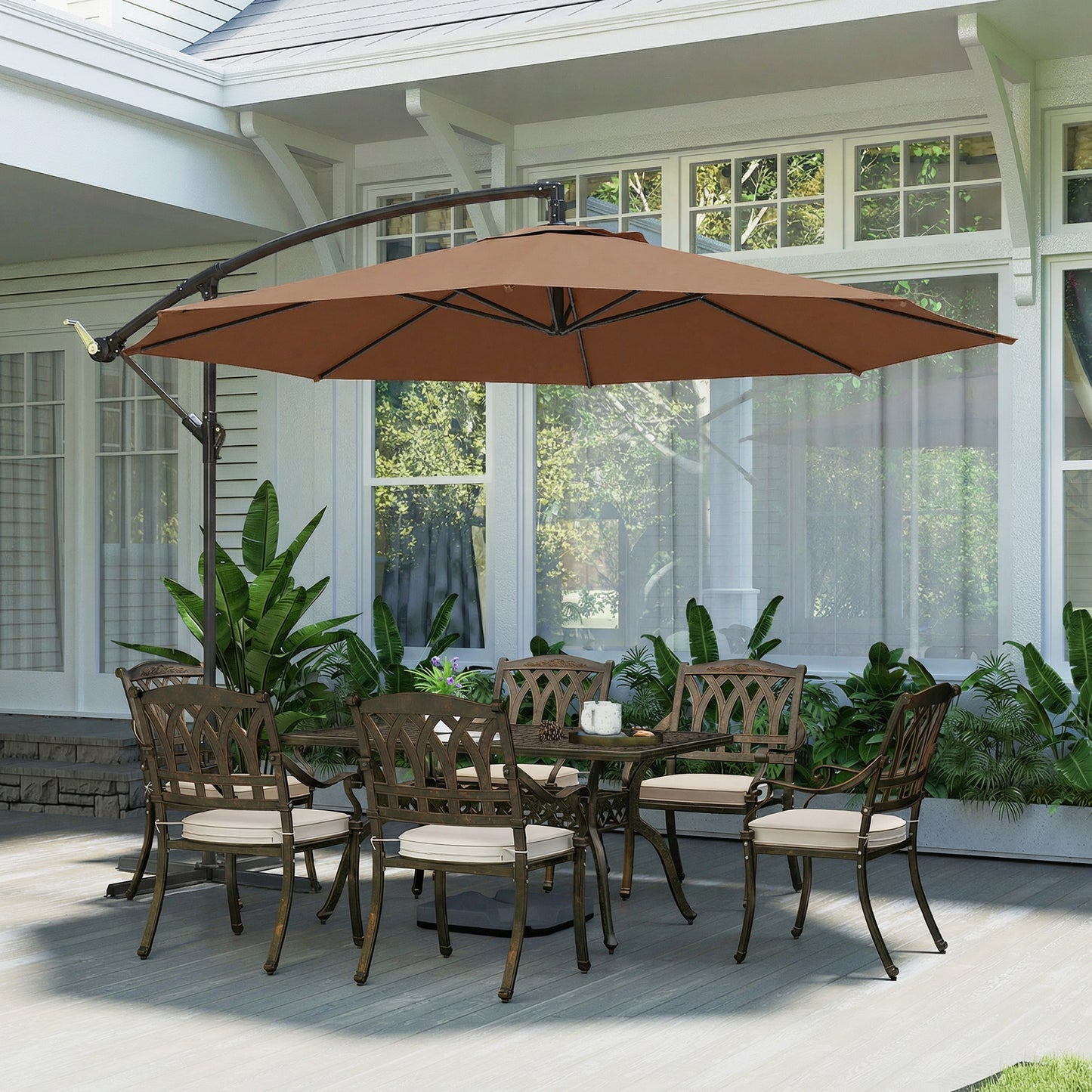 3(m) Garden Banana Parasol Cantilever Umbrella w/ Base, Coffee