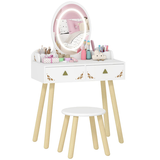Kids Vanity Table and Chair Set with 3-Colour LED Lights Mirror