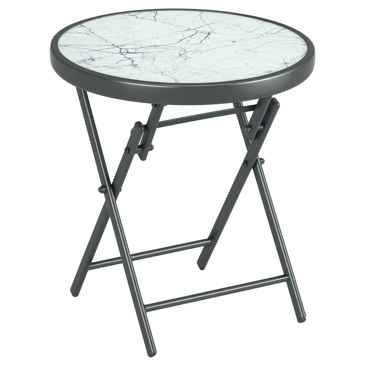 45cm Folding Round Outdoor Side Table with Marble-Effect Glass Top - White