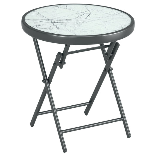 _ 45cm Outdoor Side Table, Round Folding Patio Table with Imitation Marble Glass Top, Small Coffee Table, White